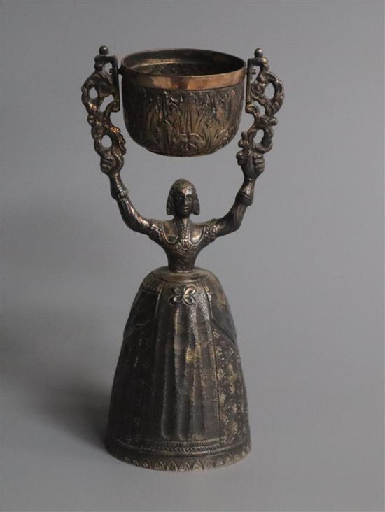 A 1930s silver marriage wager cup with figural base, Birch & Gayden, London, 1936, 13.5cm.